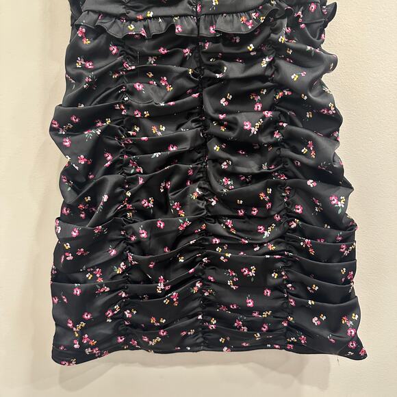 For Love and Lemons Pansy Floral Black Satin Lace Mini Dress Ruched Bodycon Club - Picture 9 of 11